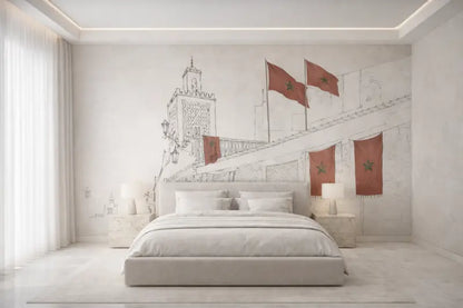 Un lit blanc minimaliste avec un cadre à profil bas et une literie assortie.