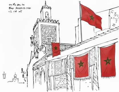 Drapeaux marocains rouges avec des étoiles vertes à cinq branches flottant depuis le balcon et le toit d’un bâtiment.