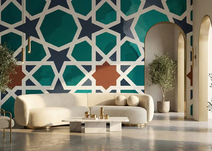 Papier Peint Panoramique Maroc – Zellige Aquarelle Vert Jade & Terracotta