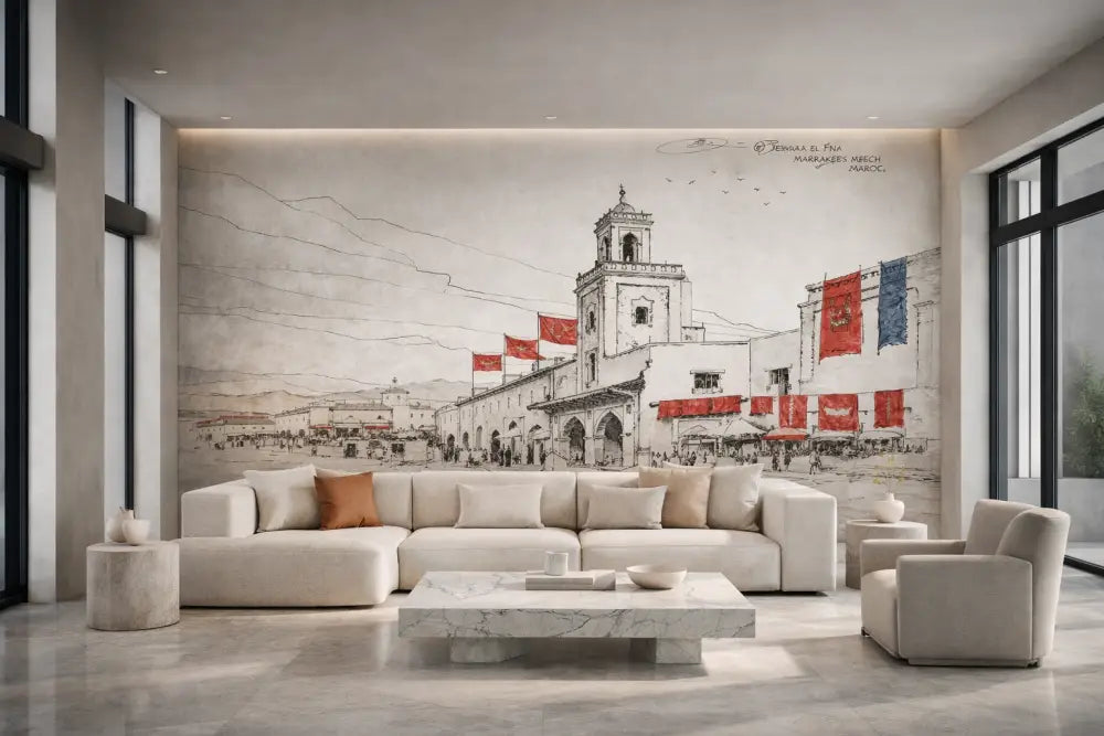 Papier Peint Panoramique Marrakech Croquis Rouge Signature – Collector Premium