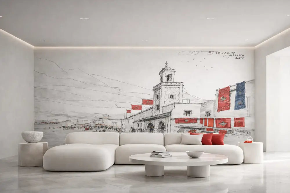 Papier Peint Panoramique Marrakech Croquis Rouge Signature – Collector Premium