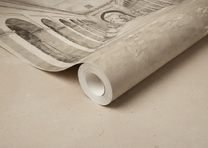 Un rouleau de papier peint texturé, blanc cassé, orné d’une illustration architecturale détaillée en noir et gris.