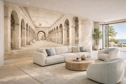 Canapé d’angle beige aux contours doux et modernes avec des coussins de lancer gris clair.