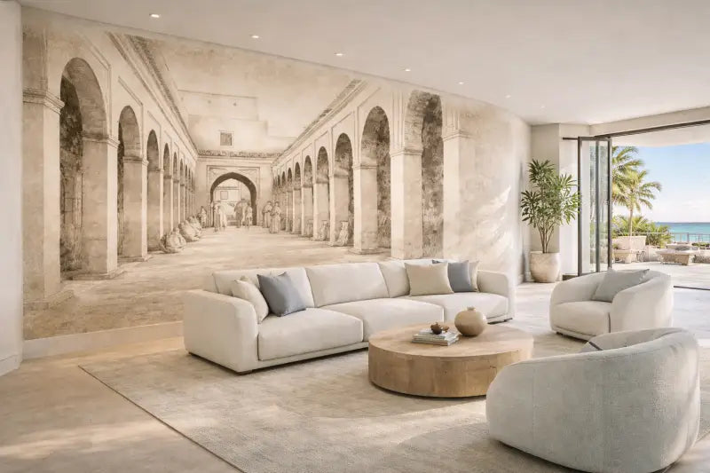 Canapé d’angle beige aux contours doux et modernes avec des coussins de lancer gris clair.