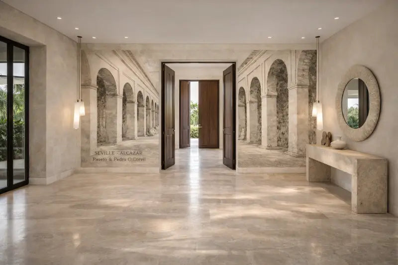 L’image présente une console en pierre minimaliste avec des lignes rectangulaires nettes et un miroir ovale intégré au-dessus.