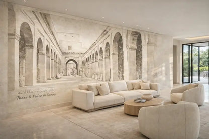 Canapé d’angle capitonné beige avec fauteuils assortis et une table basse ronde en bois.