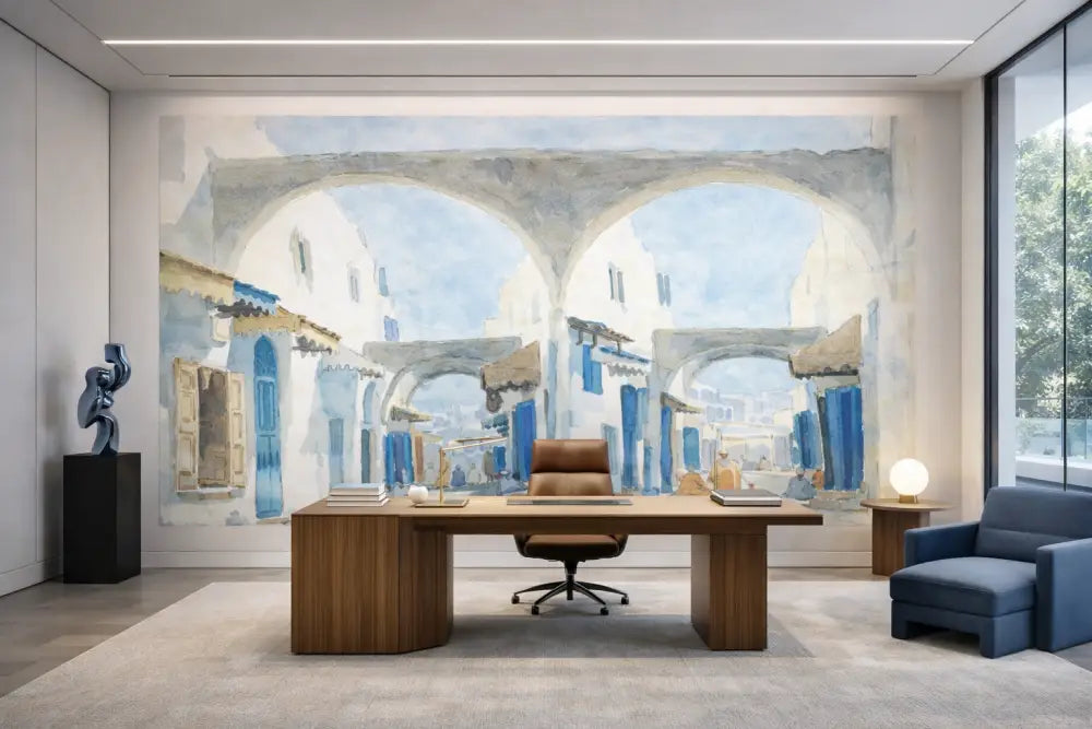 Bureau en bois avec une chaise de bureau en cuir marron positionnée devant lui