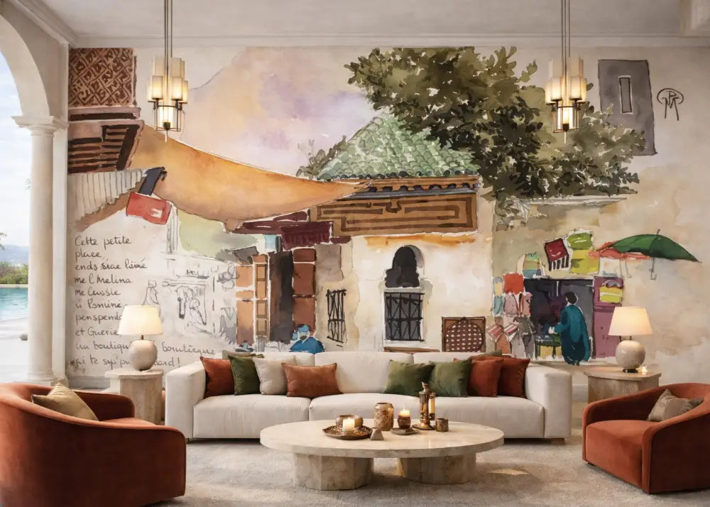 Papier Peint Panoramique Médina Aquarelle – Décor Maroc XXL | Pixara