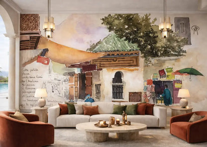Papier Peint Panoramique Médina Aquarelle – Décor Maroc XXL | Pixara