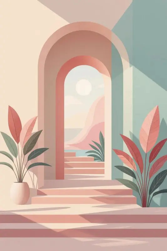 Porte cintrée rose pastel avec une lumière douce filtrant à travers.