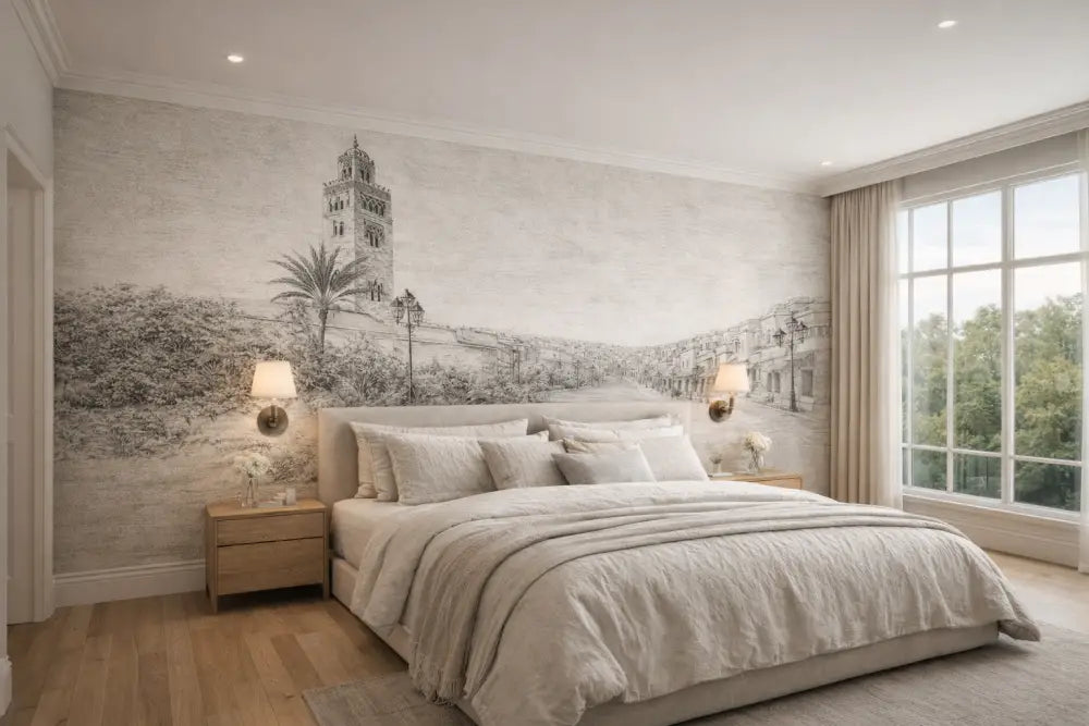 Une couverture de lit moelleuse, blanc cassé, avec un tissage texturé doux, drape le matelas.