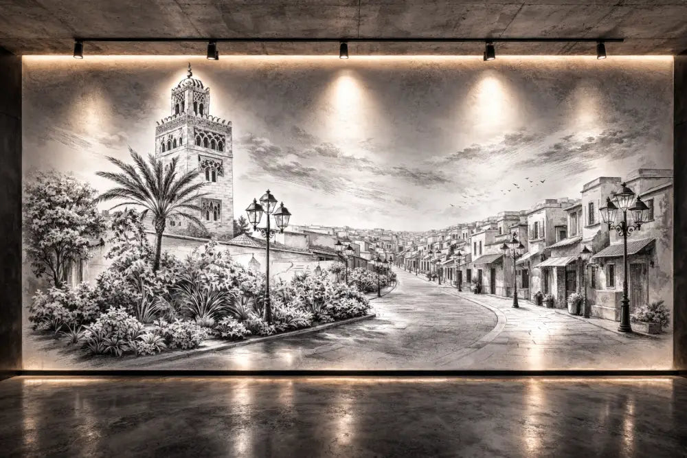 Une fresque détaillée en noir et blanc représentant une scène de rue historique avec une tour ornée, des palmiers et des réverbères vintage.
