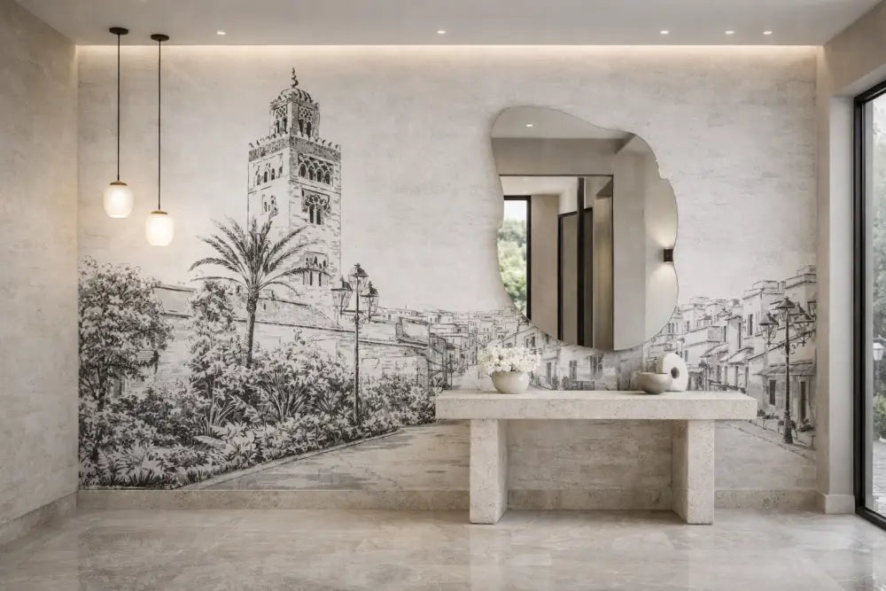 Le miroir a un cadre élégant de forme irrégulière avec un design moderne.