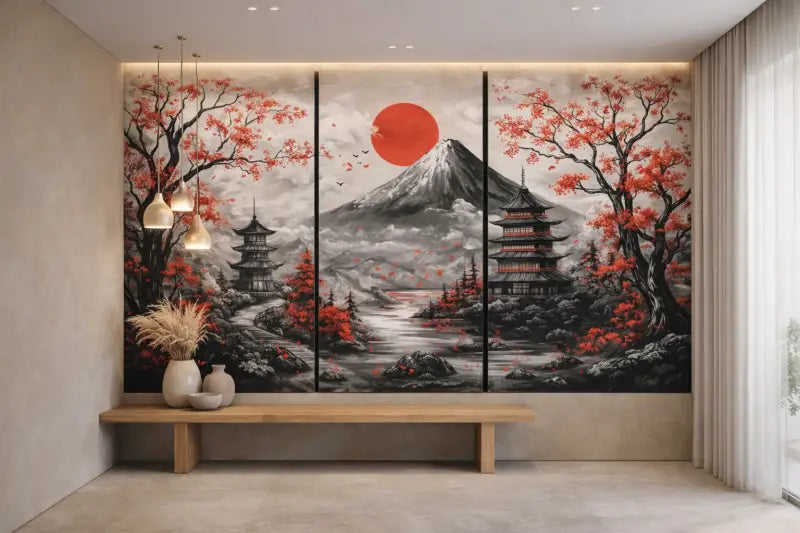Fresque murale triptyque présentant le mont Fuji, cerisiers en fleur aux rouges et oranges vibrants sur un paysage monochrome avec pagodes sous un soleil orange audacieux.