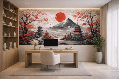 La fresque murale présente une représentation frappante du mont Fuji sous un soleil rouge vibrant, encadré par des arbres automnaux et des pagodes traditionnelles dans des tons de noir, blanc, gris et orange-rouge ardent.