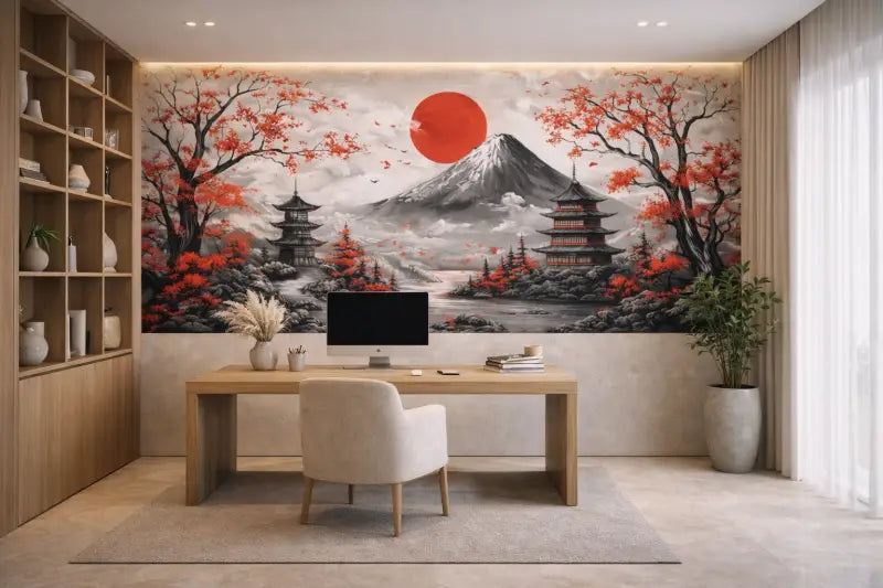 La fresque murale présente une représentation frappante du mont Fuji sous un soleil rouge vibrant, encadré par des arbres automnaux et des pagodes traditionnelles dans des tons de noir, blanc, gris et orange-rouge ardent.