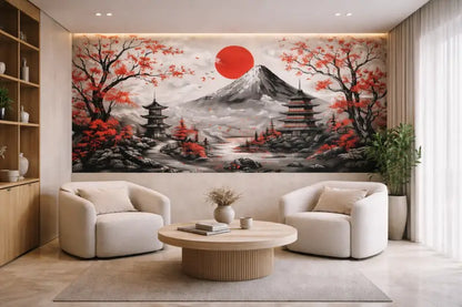 Une grande fresque détaillée représentant le mont Fuji avec des cerisiers en fleurs rouges et des pagodes sous un soleil rouge vif.