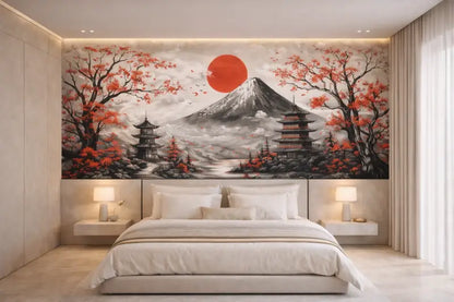 Une grande fresque détaillée représentant le mont Fuji avec des cerisiers en fleurs et des pagodes sous un soleil rouge.