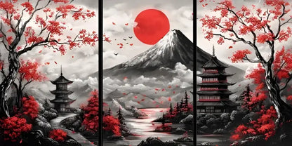 Un triptyque représentant le mont Fuji sous un soleil rouge vibrant, encadré par des cerisiers en fleurs et des pagodes traditionnelles en monochrome avec des accents cramoisis frappants.