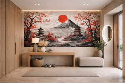 Une grande fresque détaillée représentant le mont Fuji avec des cerisiers en fleurs rouges et des pagodes sous un soleil orange vif.