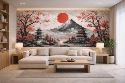 Une fresque sereine d’inspiration japonaise mettant en scène le mont Fuji, des cerisiers en fleurs aux rouges et roses vibrants, des pagodes traditionnelles, et un soleil orange audacieux sur un arrière-plan de montagnes brumeuses.