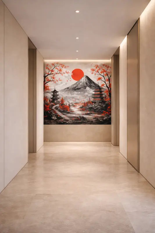 Une fresque murale frappante représentant le mont Fuji avec des cerisiers en fleurs rouges et un soleil orange vibrant, rendue dans un style traditionnel de lavis à l’encre.