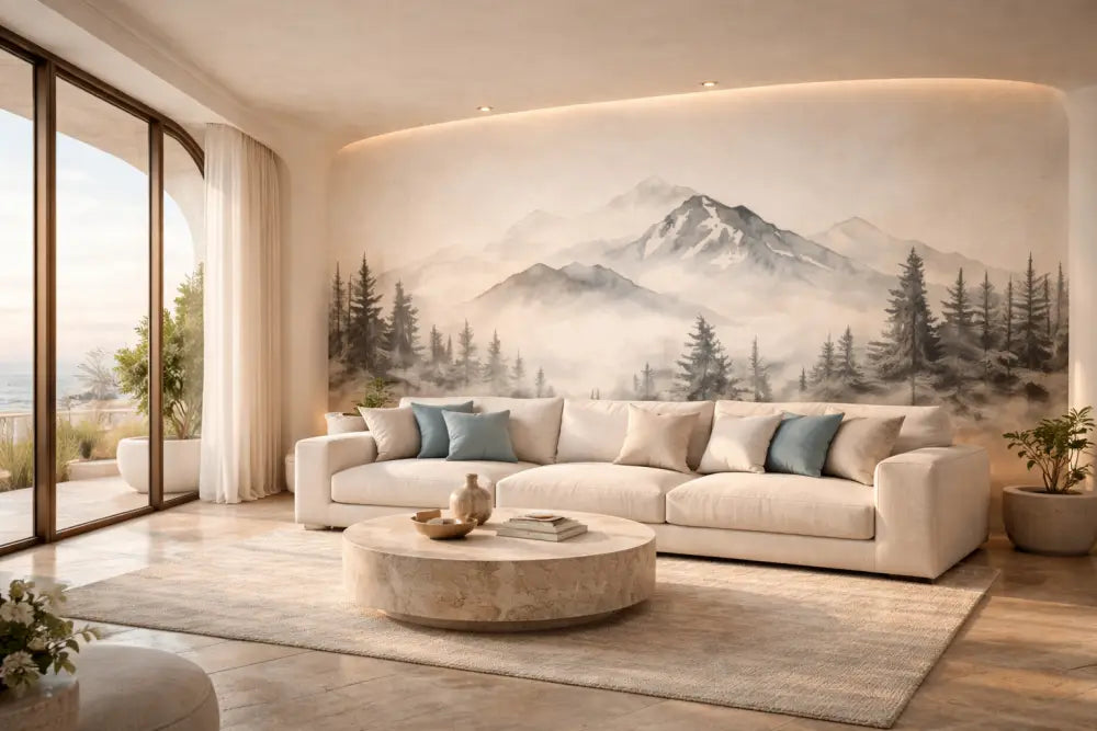 Canapé d’angle beige avec des coussins d’accentuation bleu clair et un design moderne et minimaliste.