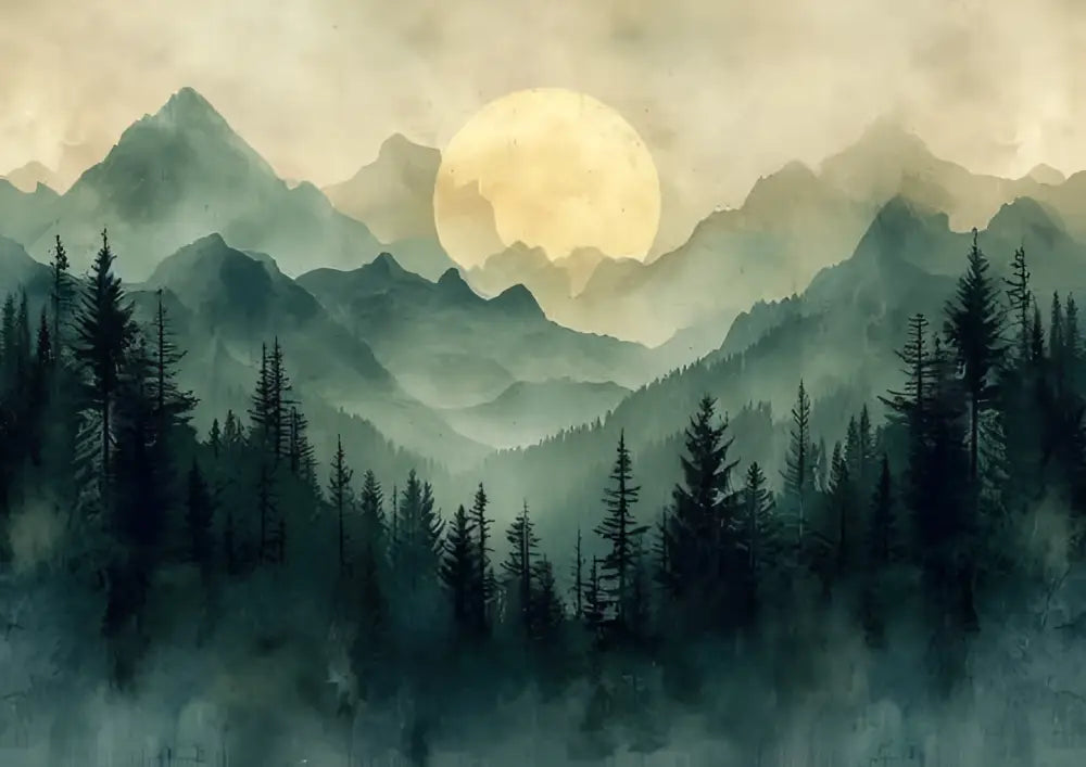 Une peinture à l’aquarelle sereine de chaînes de montagnes superposées sous une pleine lune douce et dorée.
