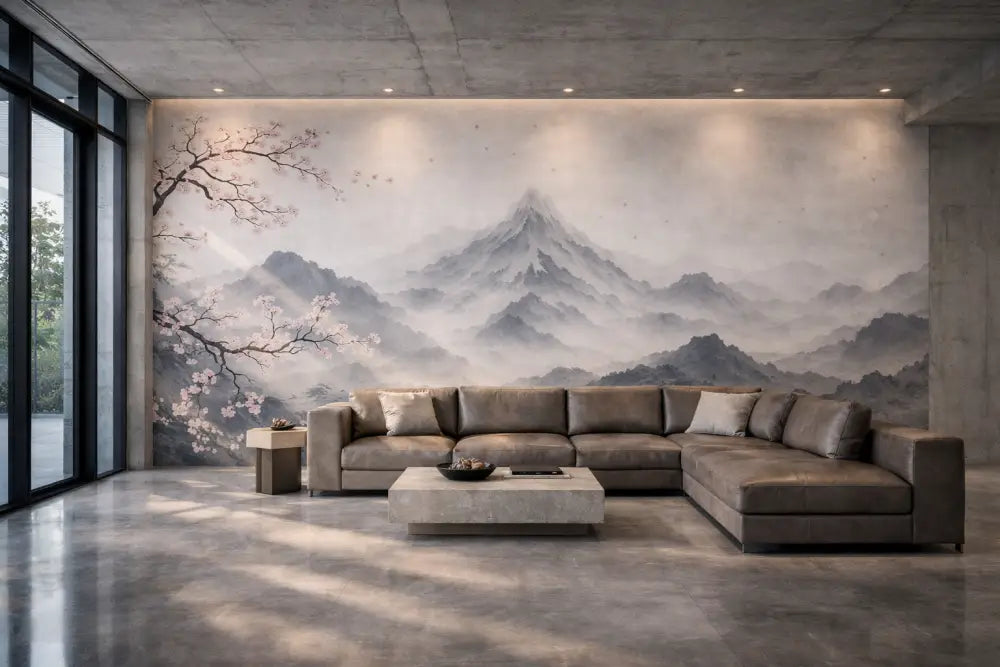 Canapé d’angle en cuir gris avec coussins décoratifs assortis et table basse minimaliste en béton devant