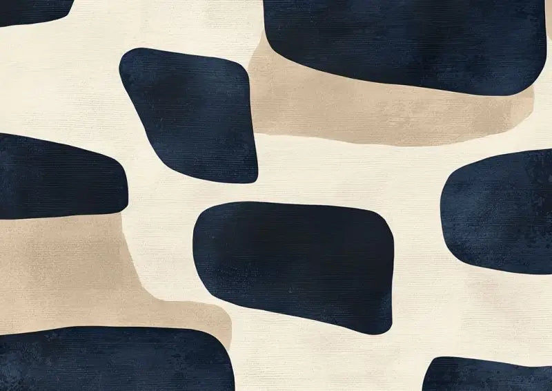 Œuvre d’art abstrait présentant des formes irrégulières bleu marine et beige sur une toile texturée.