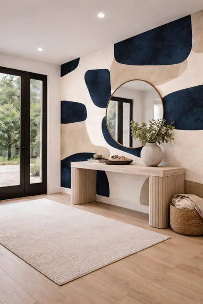 Miroir rond à cadre doré monté sur un mur avec des formes abstraites peintes en bleu marine et beige derrière lui