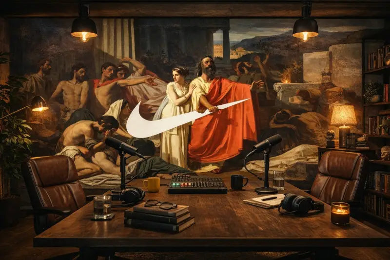 Un logo Nike Swoosh blanc superposé sur une peinture classique dans un cadre de bureau.