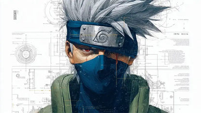 Masque de ninja bleu avec plaque métallique argentée et cheveux blancs hérissés