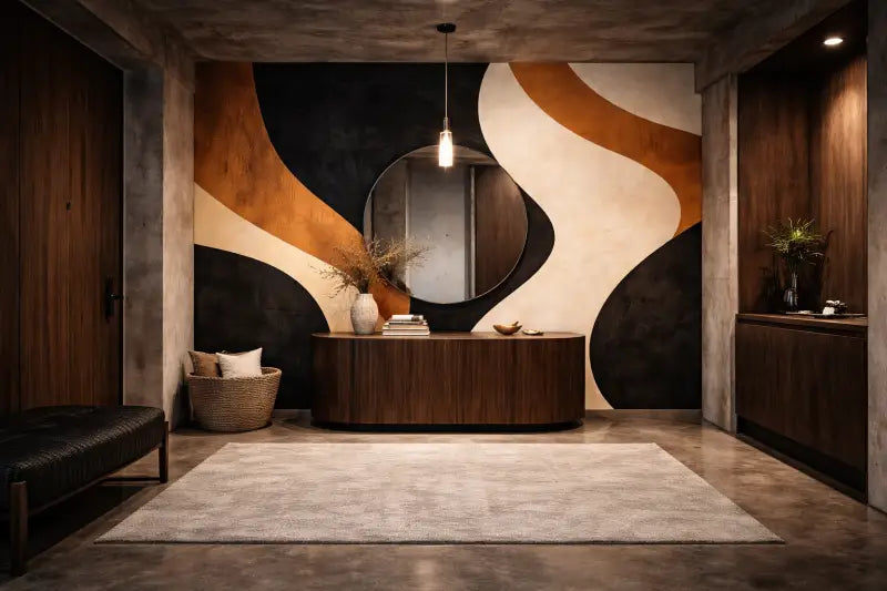 Miroir circulaire avec un cadre élégant et sombre suspendu au centre au-dessus de la table console en bois.