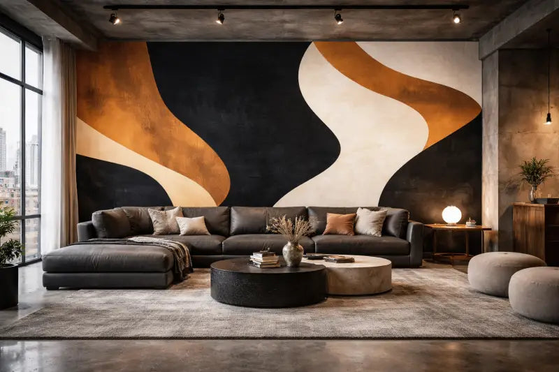 Canapé d’angle en cuir noir avec coussins d’accent gris et marron