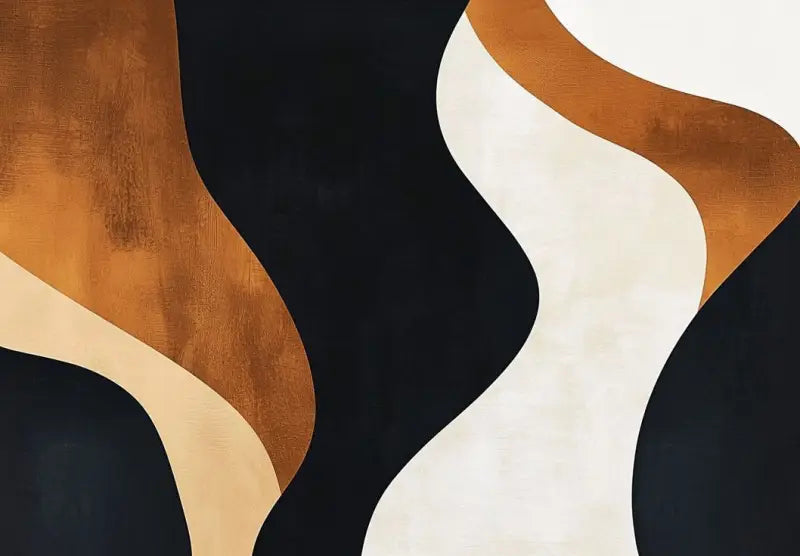 Œuvre d’art abstraite mettant en scène des bandes ondulantes et fluides en noir mat, or métallique chaud et blanc cassé crémeux.