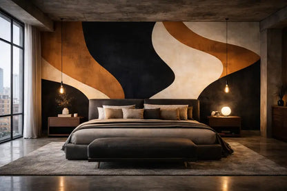 Lit moderne capitonné noir avec un design épuré et minimaliste et un repose-pieds assorti.