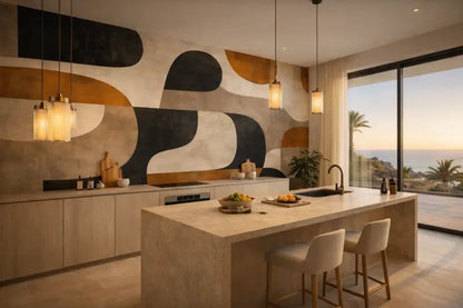 Île de cuisine en marbre beige avec évier et plan de travail intégrés.