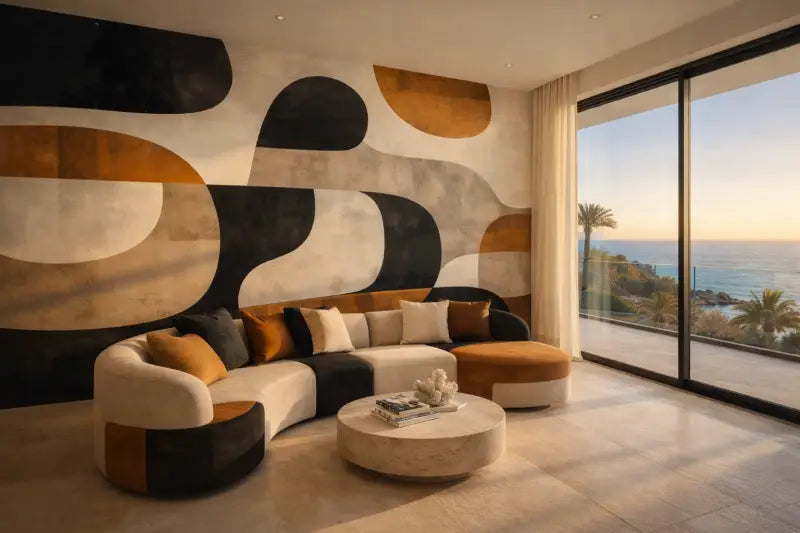 Canapé sectionnel courbé moderne avec un design épuré et minimaliste présentant des panneaux audacieux noir et beige rehaussés par des coussins marron chaleureux.