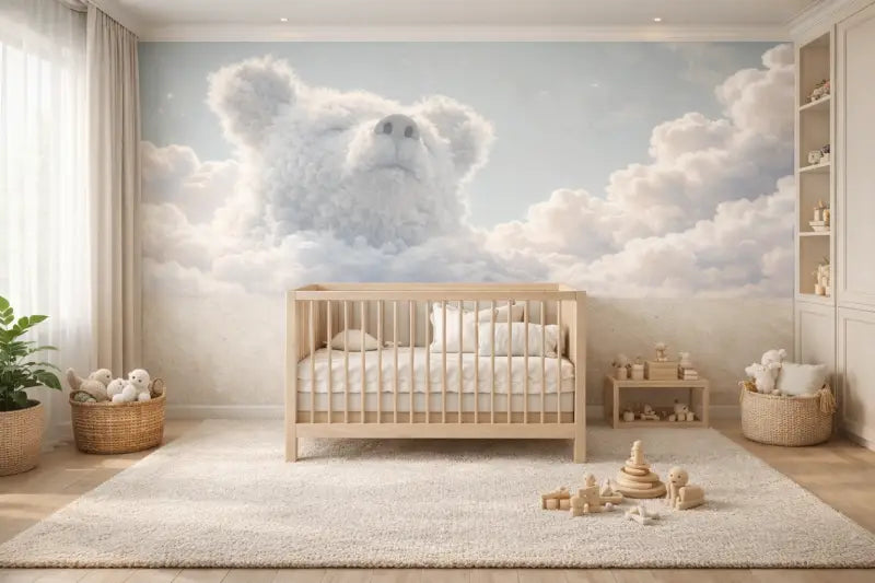 Une nursery sereine présente un lit d’enfant en bois avec des barreaux de couleur claire et une literie blanche, posé devant une peinture murale fantaisiste d’un ours polaire duveteux niché parmi des nuages doux.