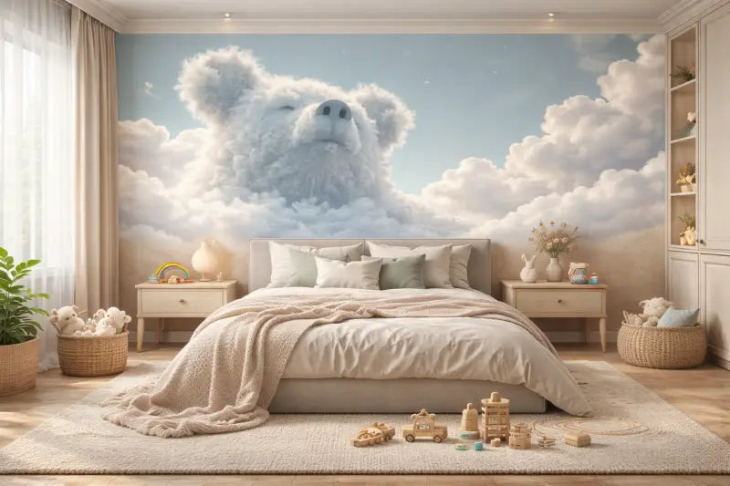 Une fresque murale d’un ours nuageux fantaisiste et surdimensionné aux tons blancs et gris doux domine le mur de la chambre.