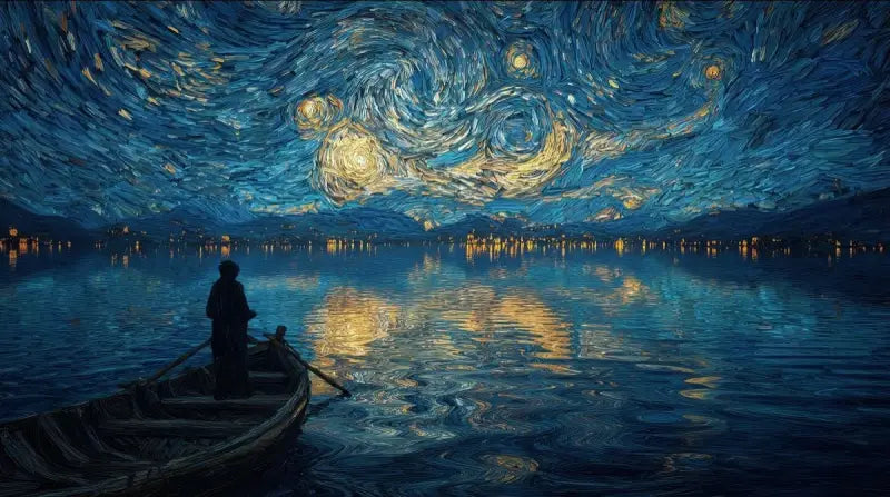 Ciel nocturne étoilé avec des motifs célestes tourbillonnants bleu et jaune au-dessus d’un lac calme reflétant les lumières de villes lointaines.