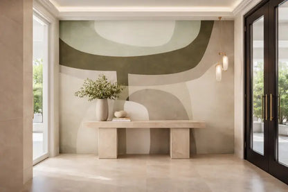 Une table console en marbre beige minimaliste avec des pieds rectangulaires nets et une surface lisse.