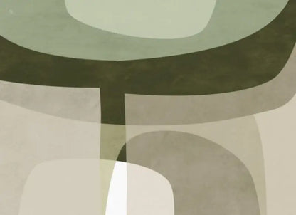 Art mural géométrique abstrait mettant en scène des formes superposées en vert olive et beige aux tons feutrés, avec un design texturé moderne minimaliste.