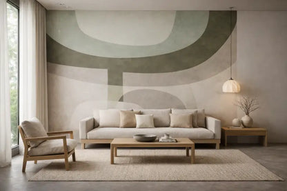 Canapé rembourré beige avec accoudoirs et pieds en bois, positionné au centre d’un salon minimaliste.