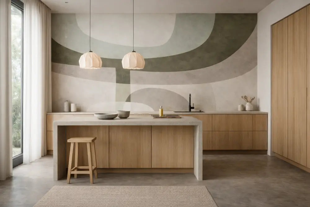 Île de cuisine minimaliste moderne avec armoires en bois clair et un comptoir blanc.