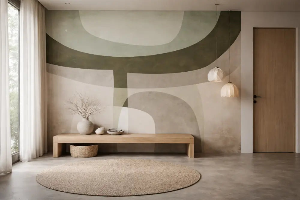 Banc en bois minimaliste avec une finition naturelle et des lignes épurées, positionné contre un mur peint de manière abstraite.