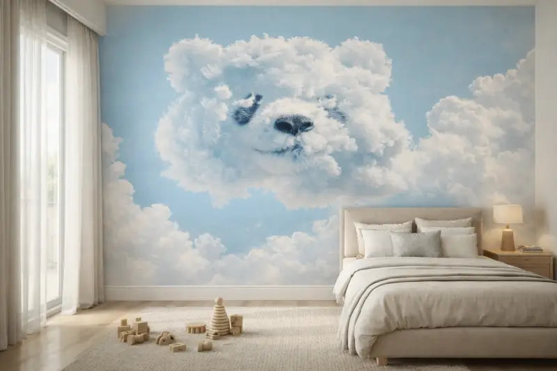 Une fresque murale fantaisiste d’un ours blanc duveteux qui jette un coup d’œil à travers de doux nuages bleus, peinte sur le mur de la chambre.