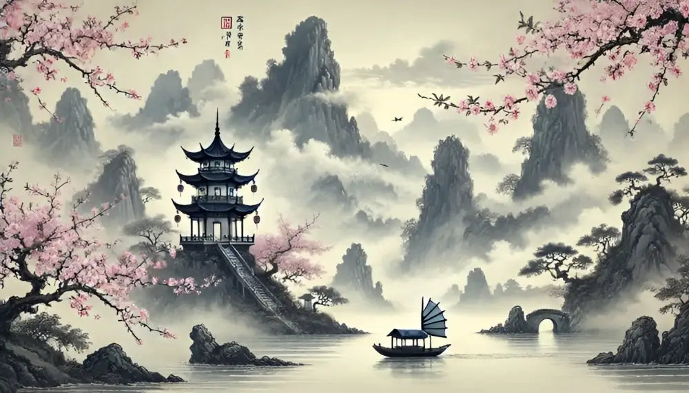 Un pagode chinois traditionnel avec un toit sombre, à plusieurs niveaux, et une structure en bois se dresse sur une île au milieu de montagnes brumeuses et de cerisiers en fleurs roses.