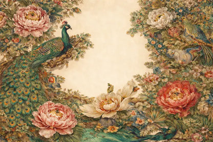 Une bordure de papier peint floral luxuriant et orné mettant en vedette des pivoines roses et blanches vibrantes aux côtés de paons verts et bleus iridescents.